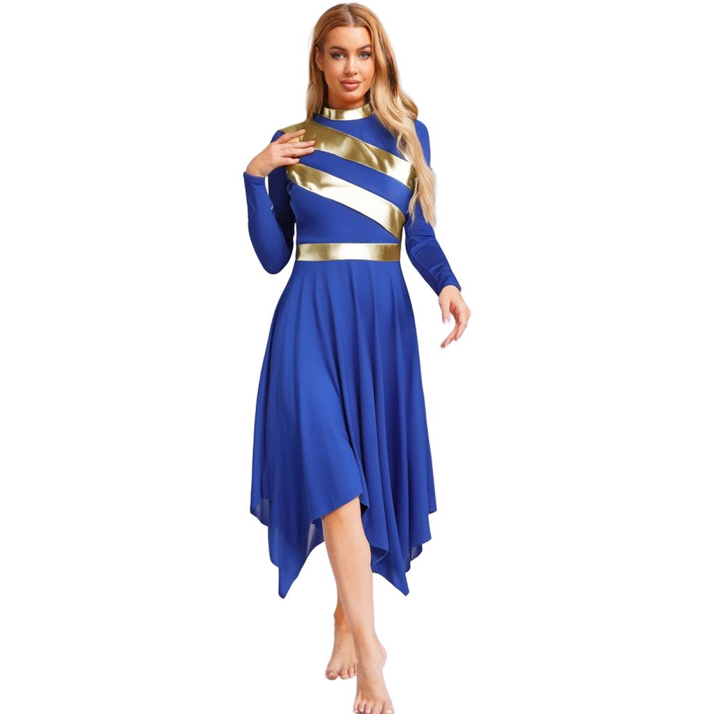 Metallic Patchwork Dress for Women Long Sleeve Worship Praise Tunic Irregular Hem Dance Costume