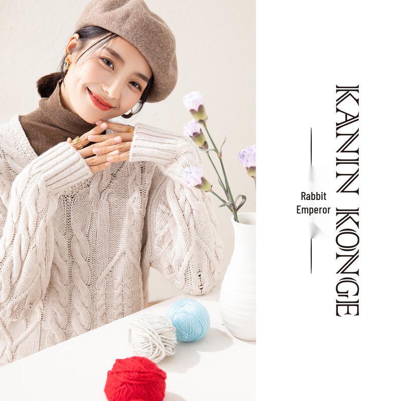 TUHUANG Thick Pure Wool V-Neck Cable Knit Sweater