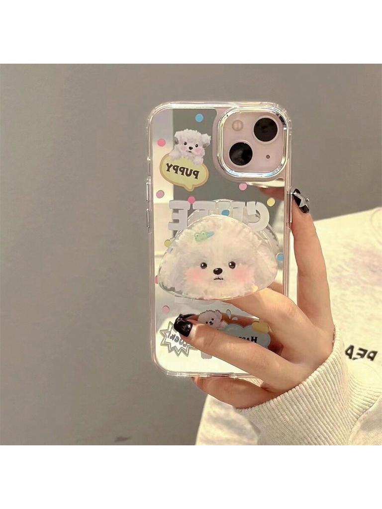 Cute Puppy Mirror Phone Case with Puppy Stand for IPhone 15 14 13 12 11 Anti-fall Girl Phone Case