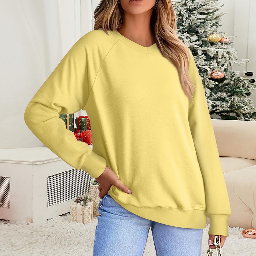 Женская модная толстовка с V-образным вырезом, длинным рукавом, однотонная, повседневная, свободная, с рукавами реглан, толстовка, свитер