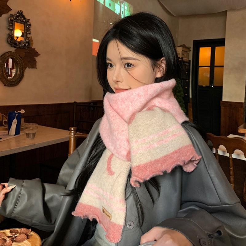 Soft Knitted Bow Scarf Women Winter Warm Wool Blend Neck Wrap With Fringe Trim Student Style