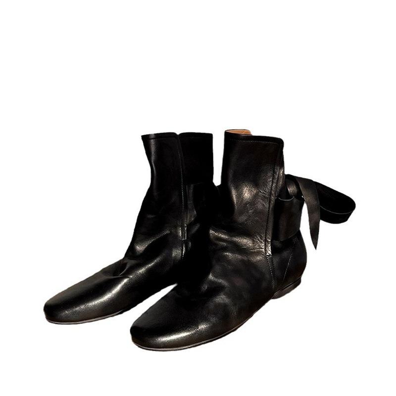 Кожаная ниша полированные ботинки Мартин женские осенне-зимние ботильоны Челси бант на плоской подошве плиссированные ботинки на наборном каблуке