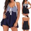 Plus Size One Piece Swimwear Women Halter Striped Printed Strappy Two Piece Bathing Suit Push Up Tankini Top with Shorts