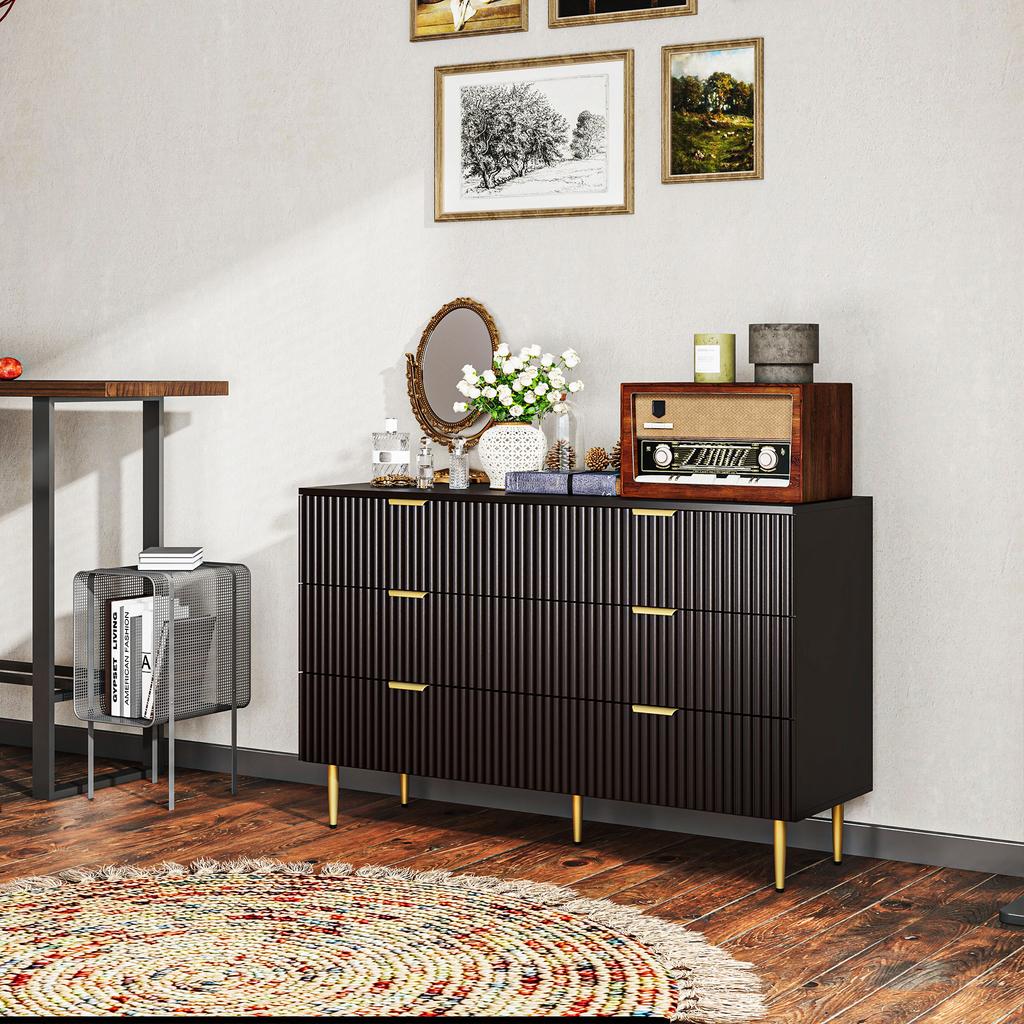 6-Drawer Chest of Drawers, Gold Handles and Legs, 120x40x76.5 cm, Black