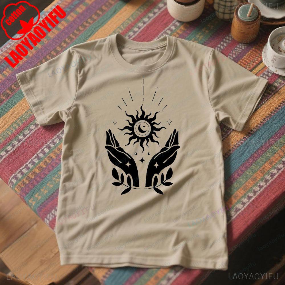 Boho Sun Moon Hands Nature TShirt Celestial Graphic Tee Men Women Casual Crewneck Cotton Shirt Creative Pattern Streetwear