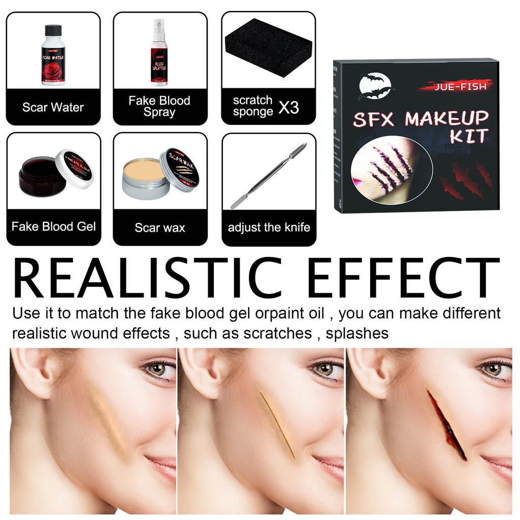 Halloween Makeup Kit with Fake Blood Scar Wax and Blood Spray Waterproof Washable Professional FX Makeup for Cosplay Costume Party Face Painting