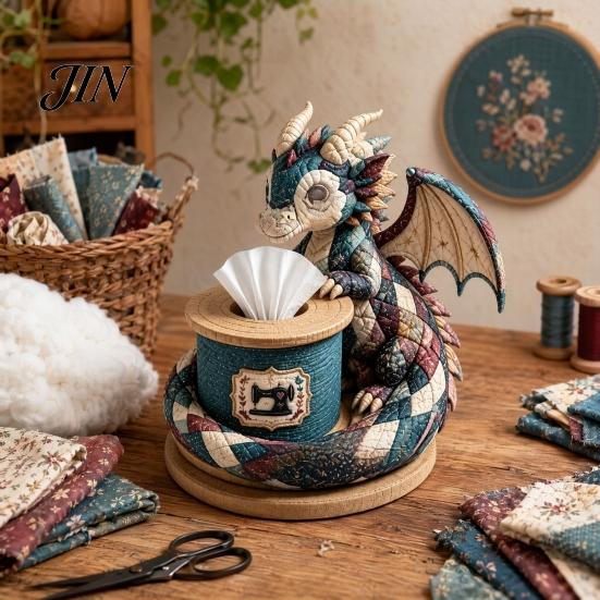 Woodland Patchwork Kit Quilted DIY Tissue Box Kit, with Pre-Cut Fabric, Dragon Whimsical Animal Box, for Adults Beginners Fabric Cover