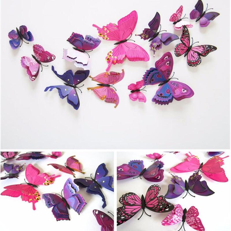 12 шт. 3D двухслойные наклейки-бабочки на стену для домашнего декора, сделай сам, наклейки-магниты на холодильник-бабочки, украшение комнаты
