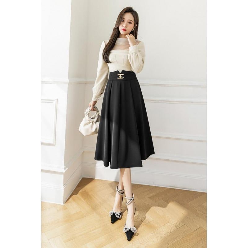 Spring Summer Women High Waist Elegant A-line Midi Skirt Workwear Black Polyester Ladies Long Skirts