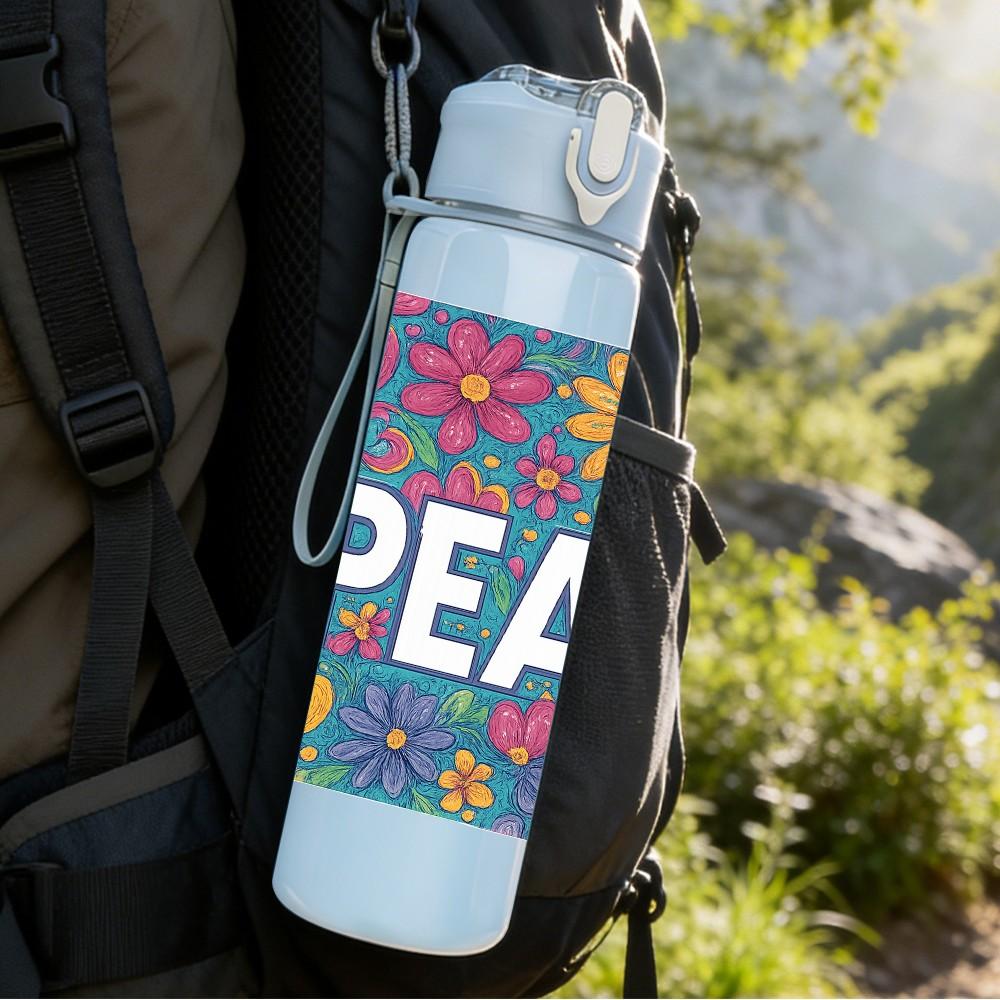 1PC Colorful Flower Peace Letter Print 750ml Color Plastic Sports Water Bottle Leakproof Flip Straw Lid Suitable for Sports Office Home Use