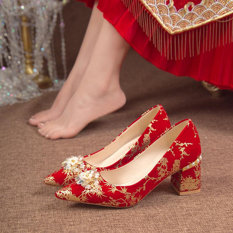 Wedding Shoes Women's New Bridal Shoes Pointed Head Shallow Mouth Xiuhe Shoes Bridesmaid Dress Shoes Thick Heel Wedding Shoes
