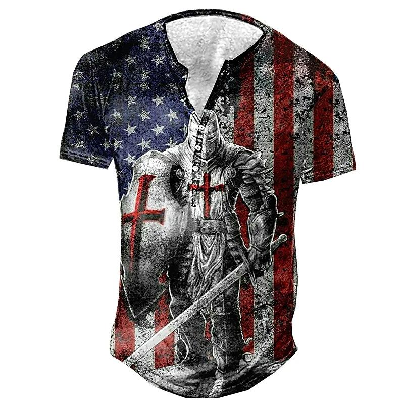 2023 Новая летняя модная футболка в винтажном стиле с коротким рукавом, мужские приталенные футболки с V-образным воротником и пуговицами, топы.