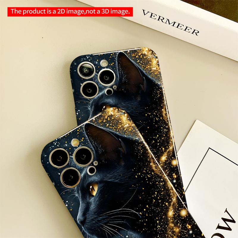 2DFlat Golden Sparkle Black Cat Phone Case All inclusive film hard iPhone case, compatible with iPhone 18 Pro Max 17 16 15 14 13 12 11