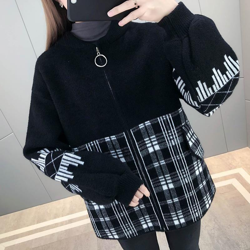 Korean Version of Women's Small Fragrance Style Woolen Coat, Spring and Autumn, Round Neck, Grid Pattern, Zipper, Pockets, Knit Cardigan