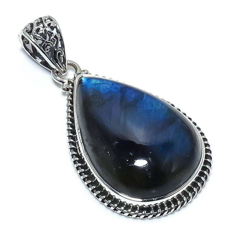 Natural Labradorite Gemstone 925 Solid Sterling Silver Gift Pendant 1.89" Q3W75