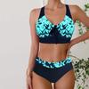 Women's Swimwear Bikini 2 Piece Swimsuit Backless Halter Beach Wear Blue Emerald Green Leaves Print Bathing Suits Hanging Neck Swimsuit