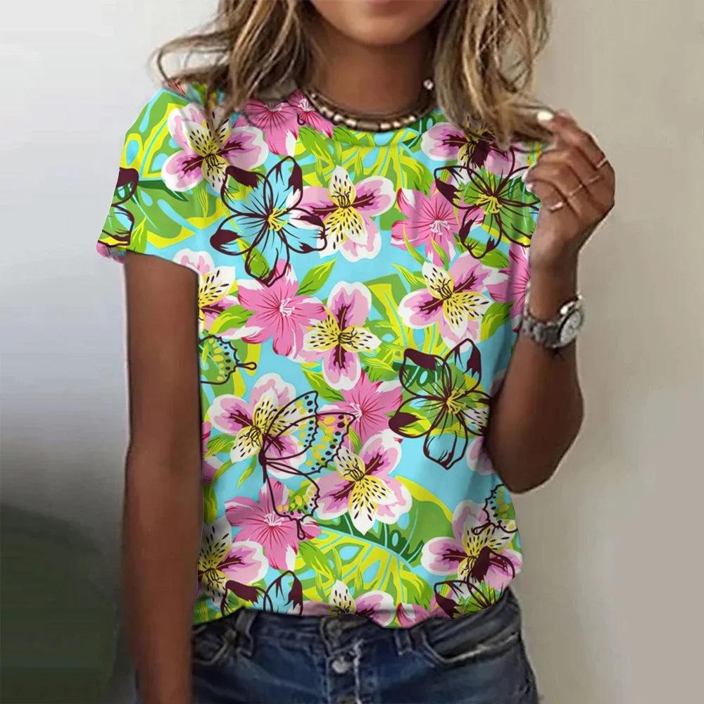 Women's round neck shirt with 3D digital printing short sleeved shirt, fashionable women's top KTB
