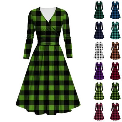 Женское модное облегающее платье с V-образным вырезом и длинными рукавами, клетчатым принтом и оборками, повседневное платье