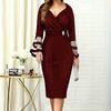 Women Party Dress Mesh Patchwork Low-cut V Neck Knee Length Slim Fit Sheath Long Flared Sleeve Solid Color Tight Waist Lady Prom Banquet Dress