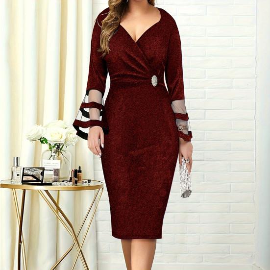 Women Party Dress Mesh Patchwork Low-cut V Neck Knee Length Slim Fit Sheath Long Flared Sleeve Solid Color Tight Waist Lady Prom Banquet Dress