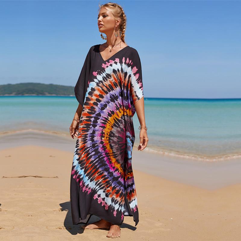 2022 Разноцветный кафтан с богемным принтом и v-образным вырезом, рукавами «летучая мышь», уличная одежда, платье макси, женская пляжная одежда, купальный костюм, накидка Q1342
