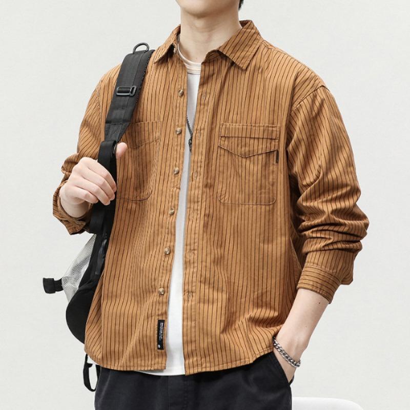 Men's Oversized Vertical Striped Long Sleeve Shirt - Casual Turn Down Collar Button Down with Chest Pockets