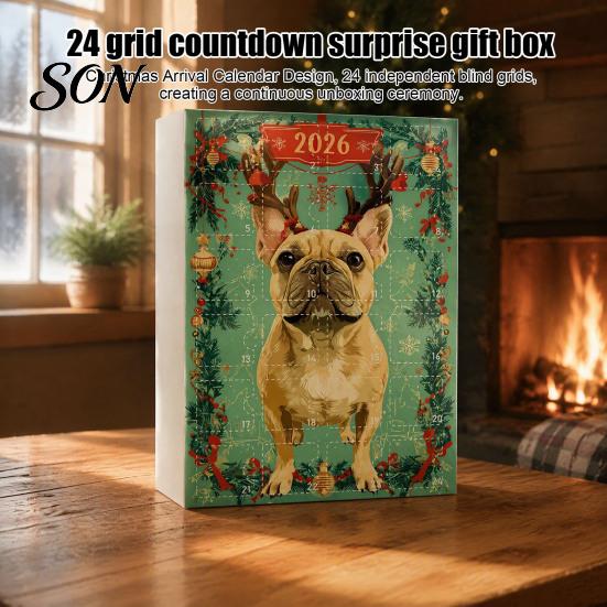 Countdown Calendar 24 Days Bulldog Advent 2026, Acrylic Puppy Ornaments Christmas Calendar, 2D Flat Dog Xmas Tree Pendant for Tree, Holiday
