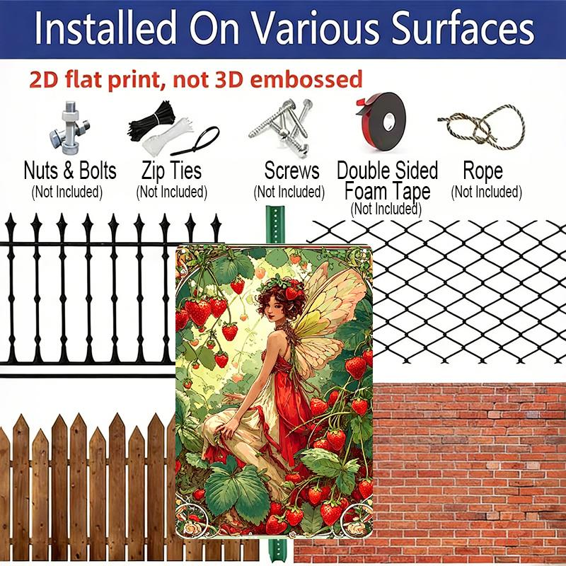 2D Flat, 1pc Strawberry Fairy aluminum Wall Art Sign - 8x12 Inch Garden & Patio Decor with Red Strawberries, Butterfly Wings & Green Foliage