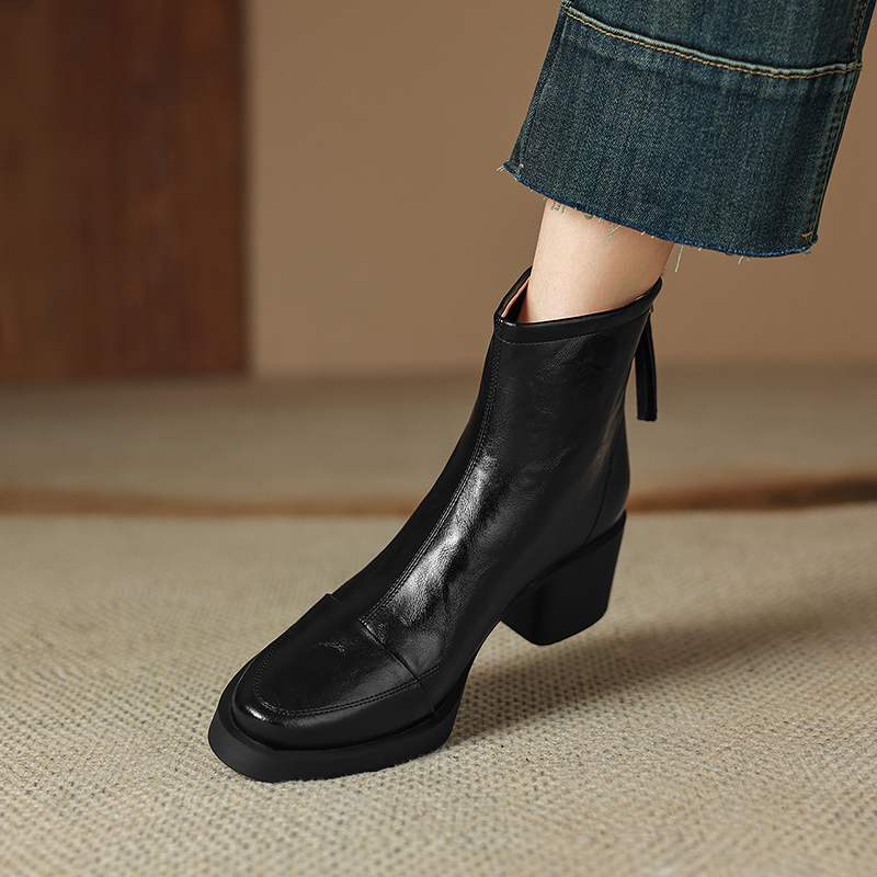 Krazing Pot Cow Skin Winter Round Toe Chunky Heels Fashion Boots Women Zipper Retro Elegant Women Ankle Boots