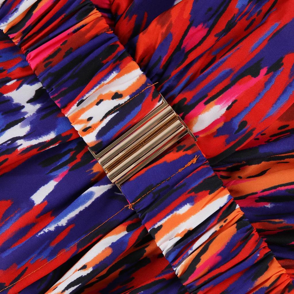 Summer Women's V-Neck Loose Fitting Long Dress Long Sleeve High Waist  Printed Midi Dress With Independent Elastic Waistband