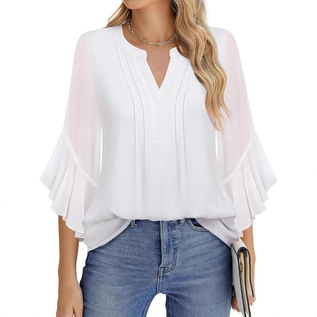 Топ с рукавом три четверти «лепесток лотоса», однотонный, модный, повседневный, свободный, с V-образным вырезом, деловые шифоновые рубашки, женские блузки и рубашки