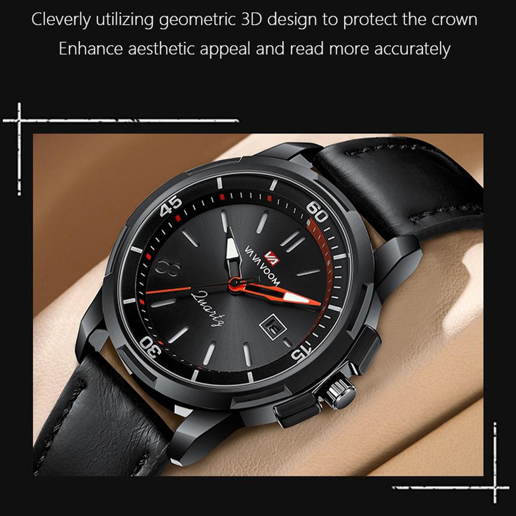 VA VA VOOM Мужские кварцевые часы Business Simple Calendar 30m Водонепроницаемые светящиеся кварцевые часы с кожаным ремешком, модные наручные часы