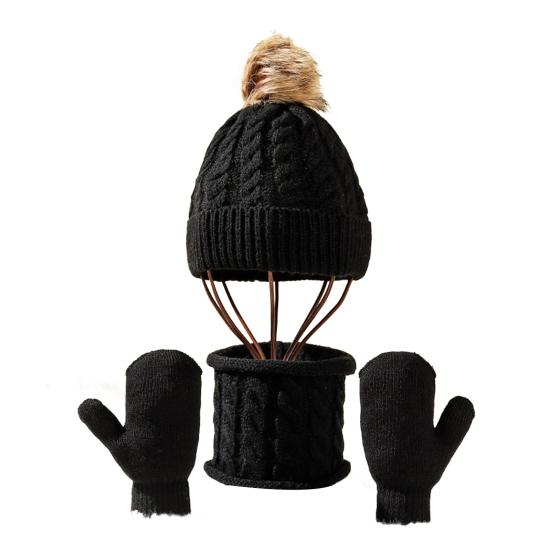 Набор из 3 предметов: детская шапка, шарф, перчатки, украшенный плюшевым помпоном, вязаный узором «косичка», утолщенный, теплый, без полей, длинный шарф, набор перчаток для сенсорного экрана