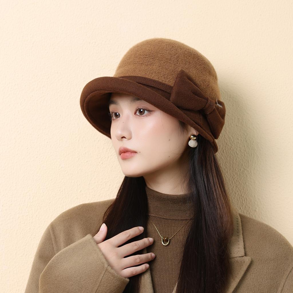 Осенне-зимняя женская шерстяная шляпа, шляпа-ведро с бантом, ретро цилиндр, утолщенная теплая шляпа-панама