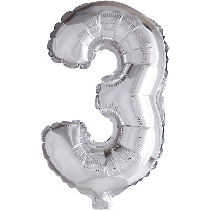 Ballon chiffre 3 - Aluminium - Argenté - Hélium - Embout buccal amovible - Décoration anniversaire