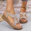 Модные сандалии-клинья с декором из стразов для женщин Лето 2025 Богемный стиль Платформа Женские сандалии Толстая подошва Нескользящие Пляжные сандалии