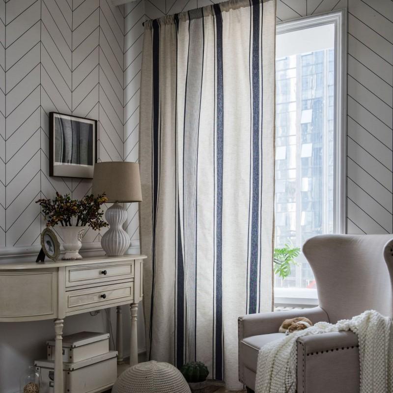 Cotton Linen Striped Kitchen Curtain Semi-Sheer American Style Window Treatment Dining Room
