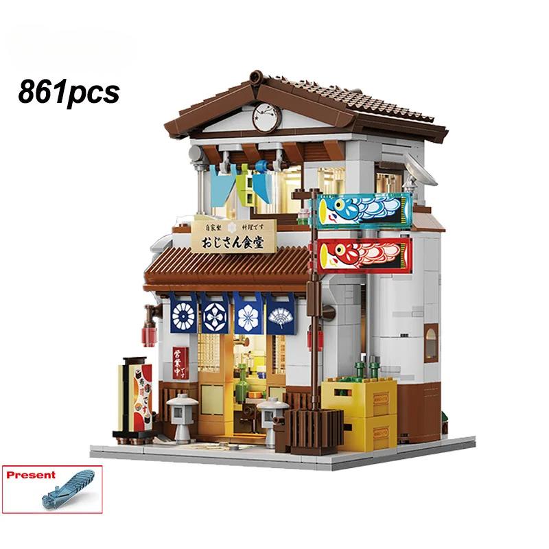 Японский Street View Bricks Shop LED Японский паровой домик с булочкой Архитектура Строительные блокиИгрушки