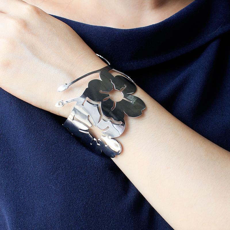 Fashion Exaggerated 316L Stainless Steel Bracelet Hollow Flower Cuff Bangle Silver Plated Statement Jewelry