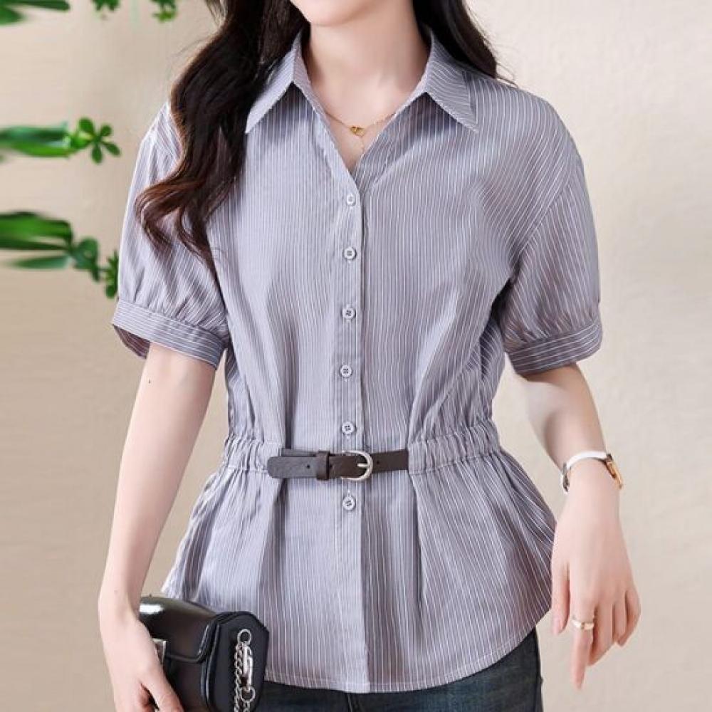 Navava Women Casual Stripe Waist Belt Short Sleeve Shirt Nb3140