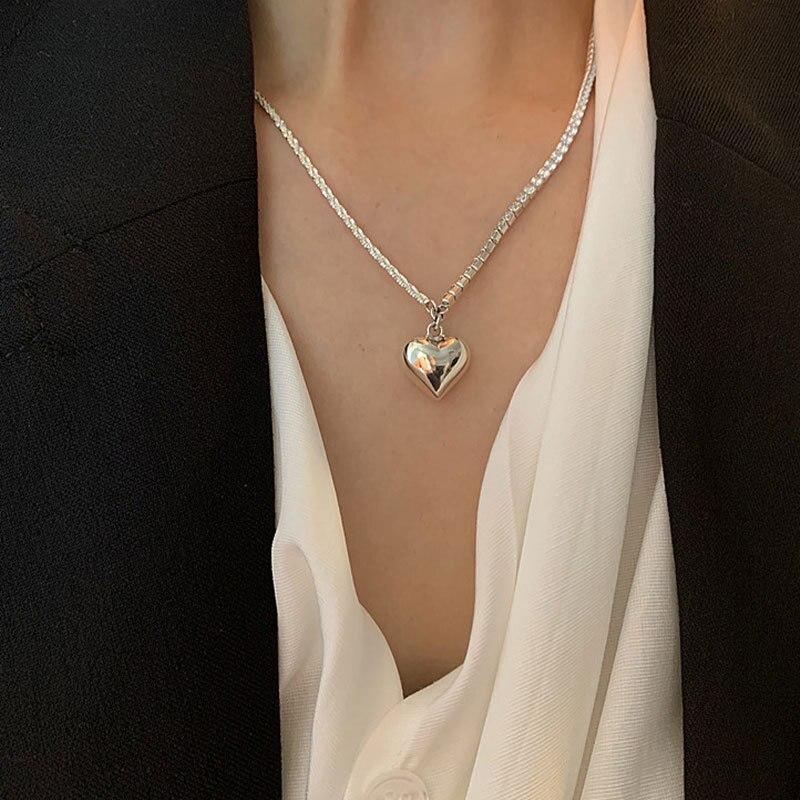 925 Sterling Silver Geometric Love Heart Zircon Chain Necklace Female Party Jewelry