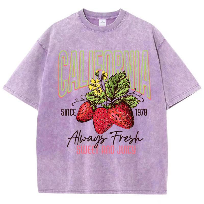 Womans Cotton Washed T-Shirts All-Math O-Neck Distressed Short Sleeve California Strawberries Print Tops Summer Female Clothes