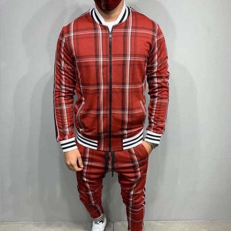 Men' 3D Plaid Sports Suit Gentlemen Sets Jacket Man Set Tracksuit Fitness Fashion Zipper 2 Pieces Men's Sets Sportswear Suit Men