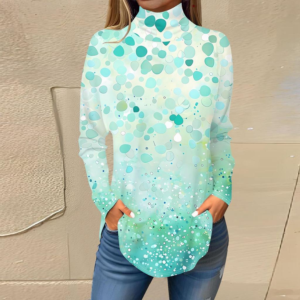 Женская модная повседневная футболка с длинным рукавом с высоким воротом и принтом, пуловер, топ