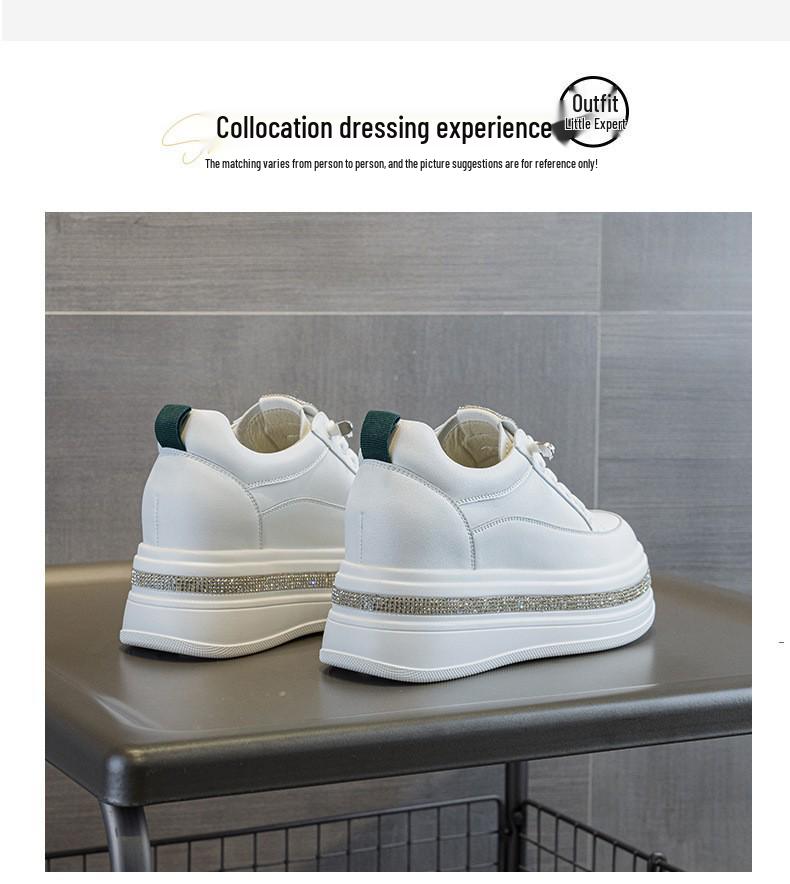 Женские белые кроссовки на платформе со стразами и эластичными шнурками - Натуральная кожа, Толстая подошва, Увеличение высоты на 7 см, Легкие и универсальные.