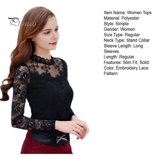 Women Bottoming Tops Stand Collar Long Sleeve Embroidery Lace Floral Pattern Pullover Tops Solid Color Slim Fit Mesh Yarn Tops