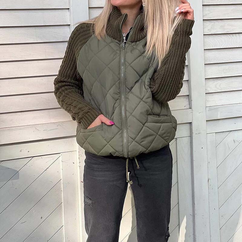 Women's Long Sleeve Stand Up Collar Cotton-padded Jacket Autumn and Winter Casual Thin Zipper Coat Spliced Knitted Sleeve