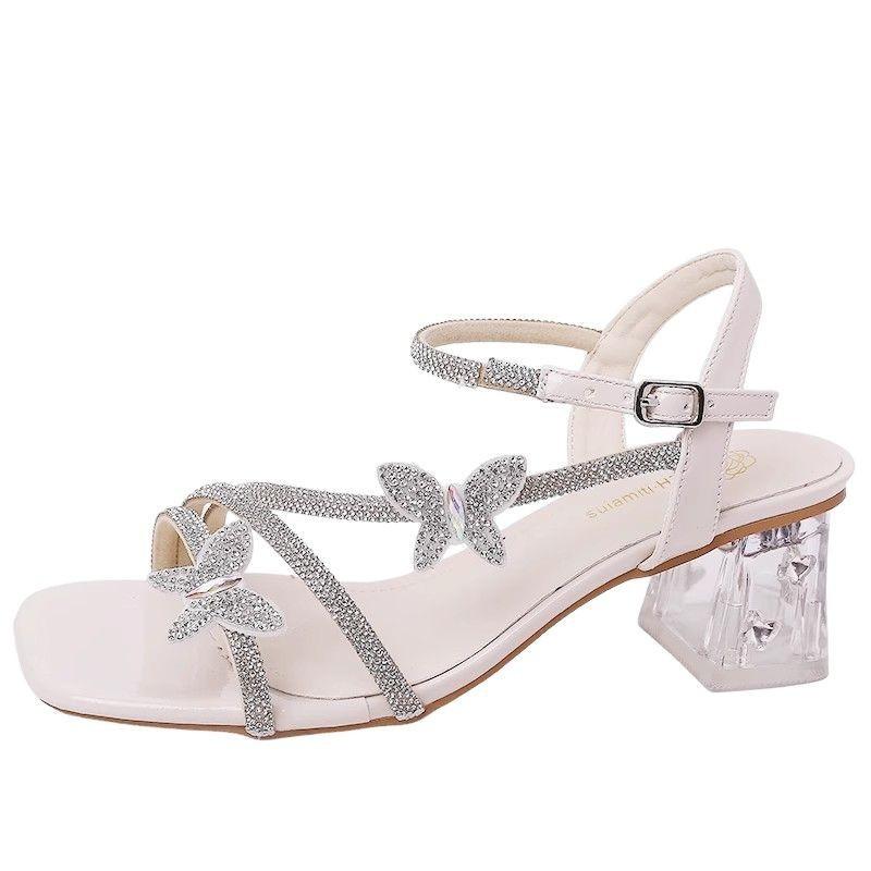 Новые хрустальные туфли модные универсальные повседневные сандалии со стразами женские юбочные с открытым носком на высоком каблуке