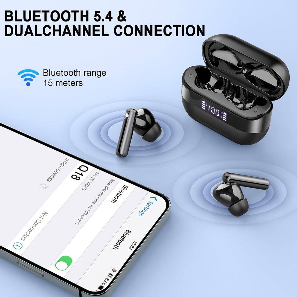 Беспроводные наушники Bluetooth 5.4 с 4 микрофонами ENC с шумоподавлением, 48-часовым временем воспроизведения, светодиодным дисплеем, зарядным чехлом, водонепроницаемыми наушниками IP7 