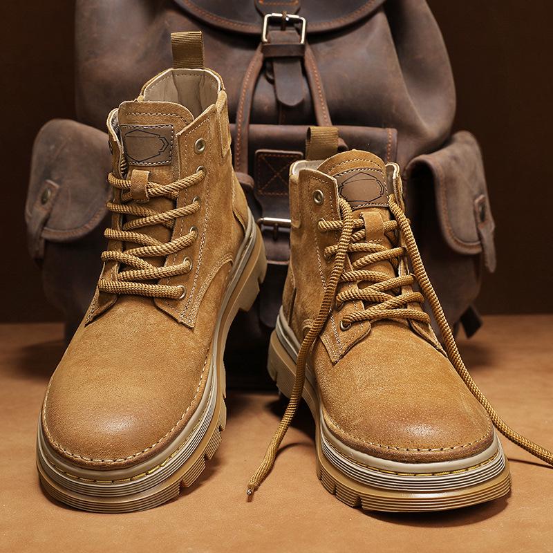 Мужские ботинки Мартин из натуральной кожи с высоким берцем - Желтые ретро зимние ботинки для снега с плюшевой подкладкой